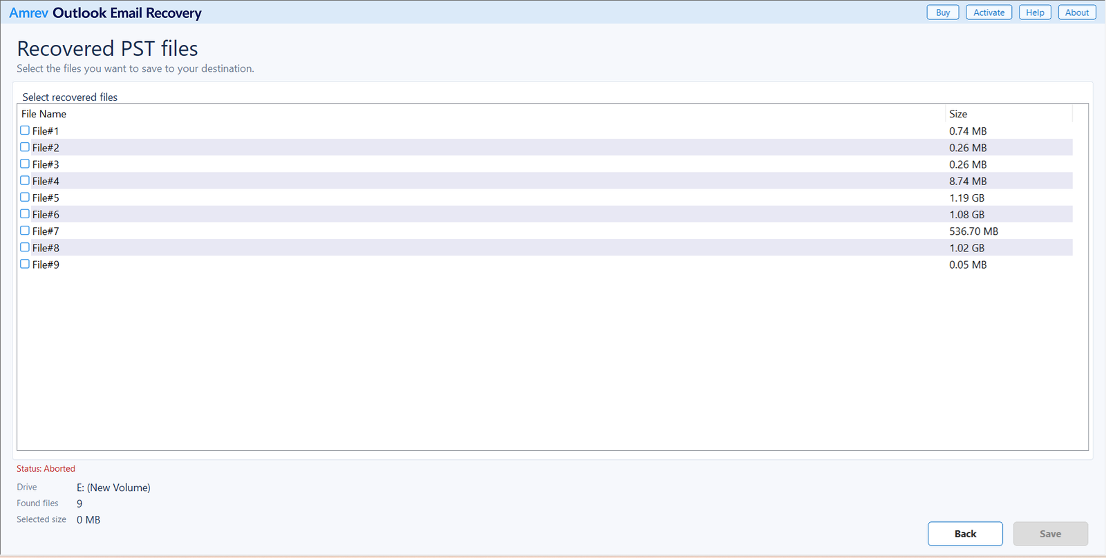 Recovered PST files listed by Amrev with checkboxes for selecting files to save