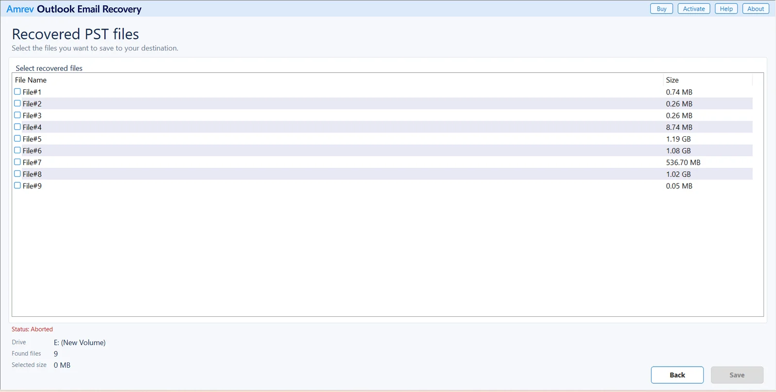 Recovered PST files listed for selection after scanning a system drive