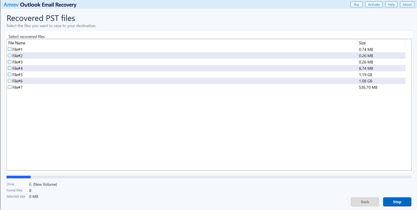 Amrev PST Recovery scanning a drive and listing recovered PST files with their sizes