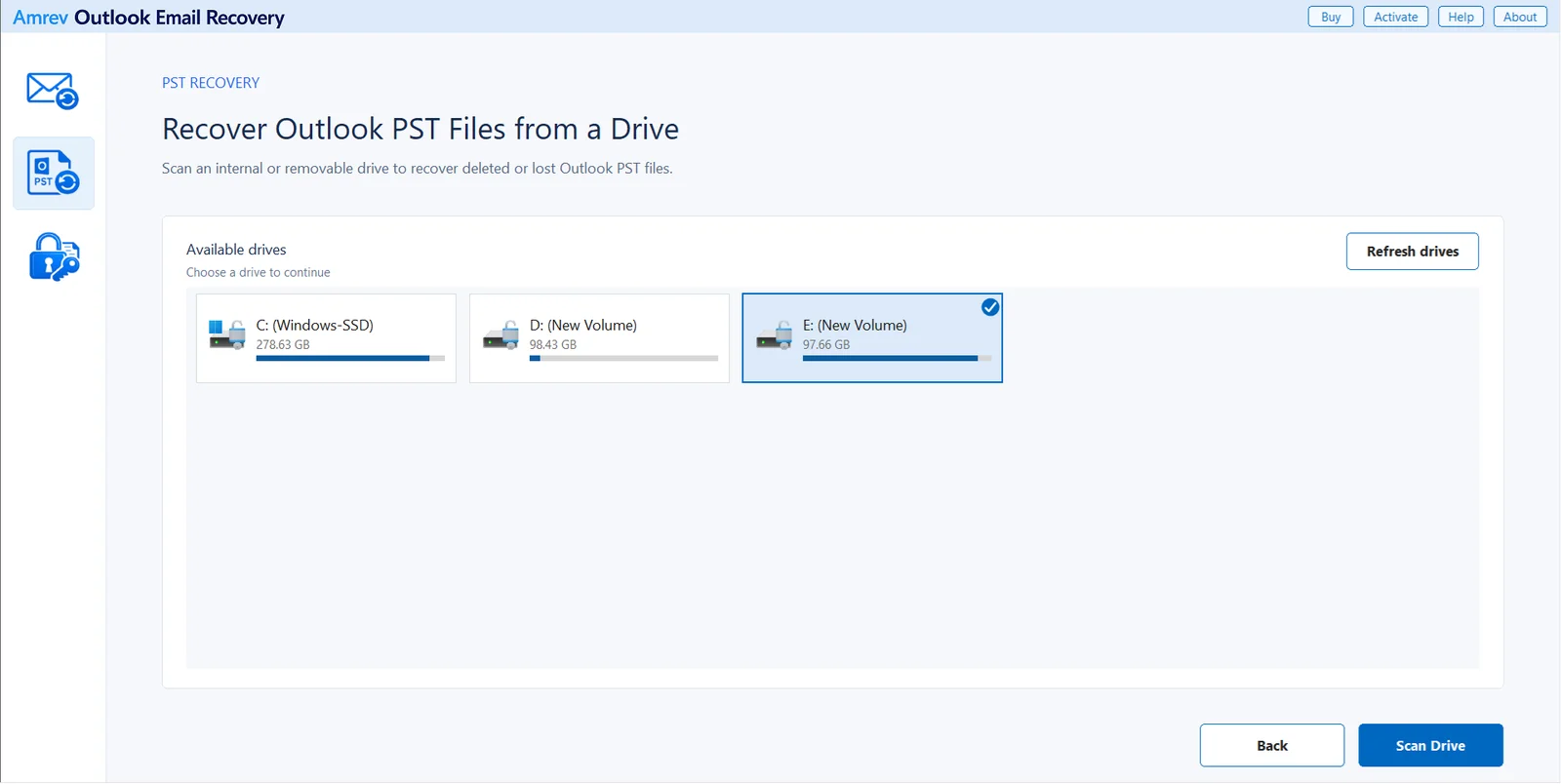 Selecting an old Windows or data drive in Amrev PST Recovery after a system crash