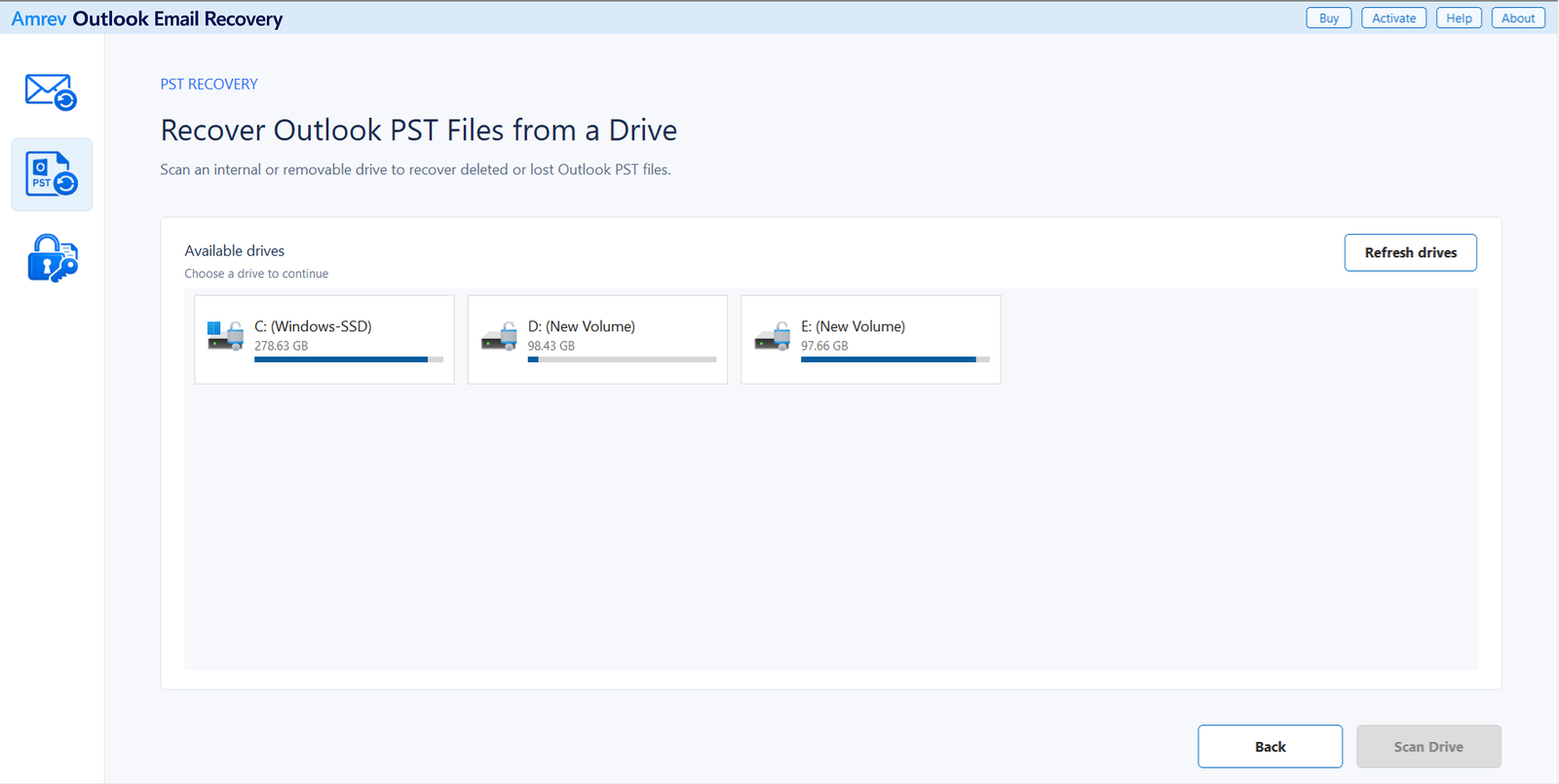 Recover Outlook PST files from a drive